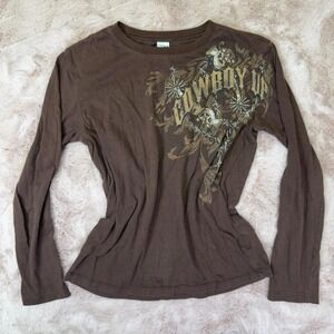 Kavio western tattoo graphic brown long sleeve baby tee